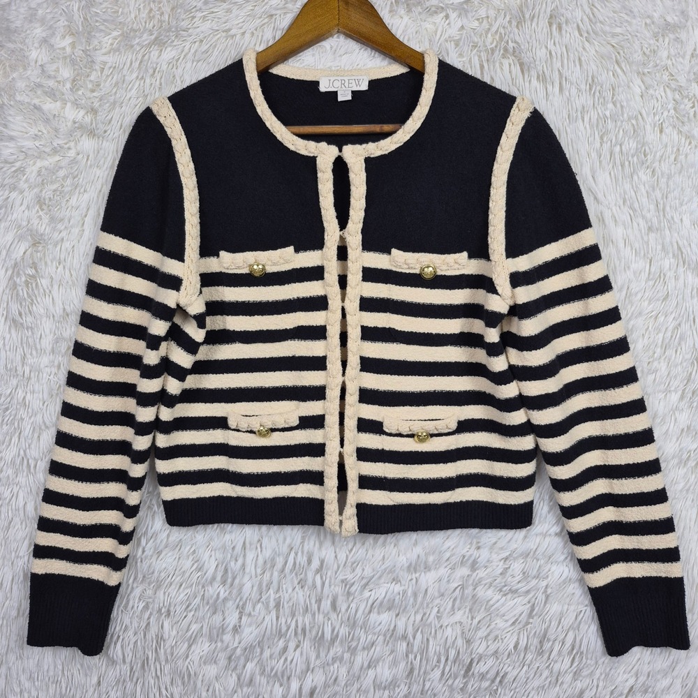 J.Crew Odette Sweater Lady Jacket Striped Boucle Cardigan Black Ivory Sz S